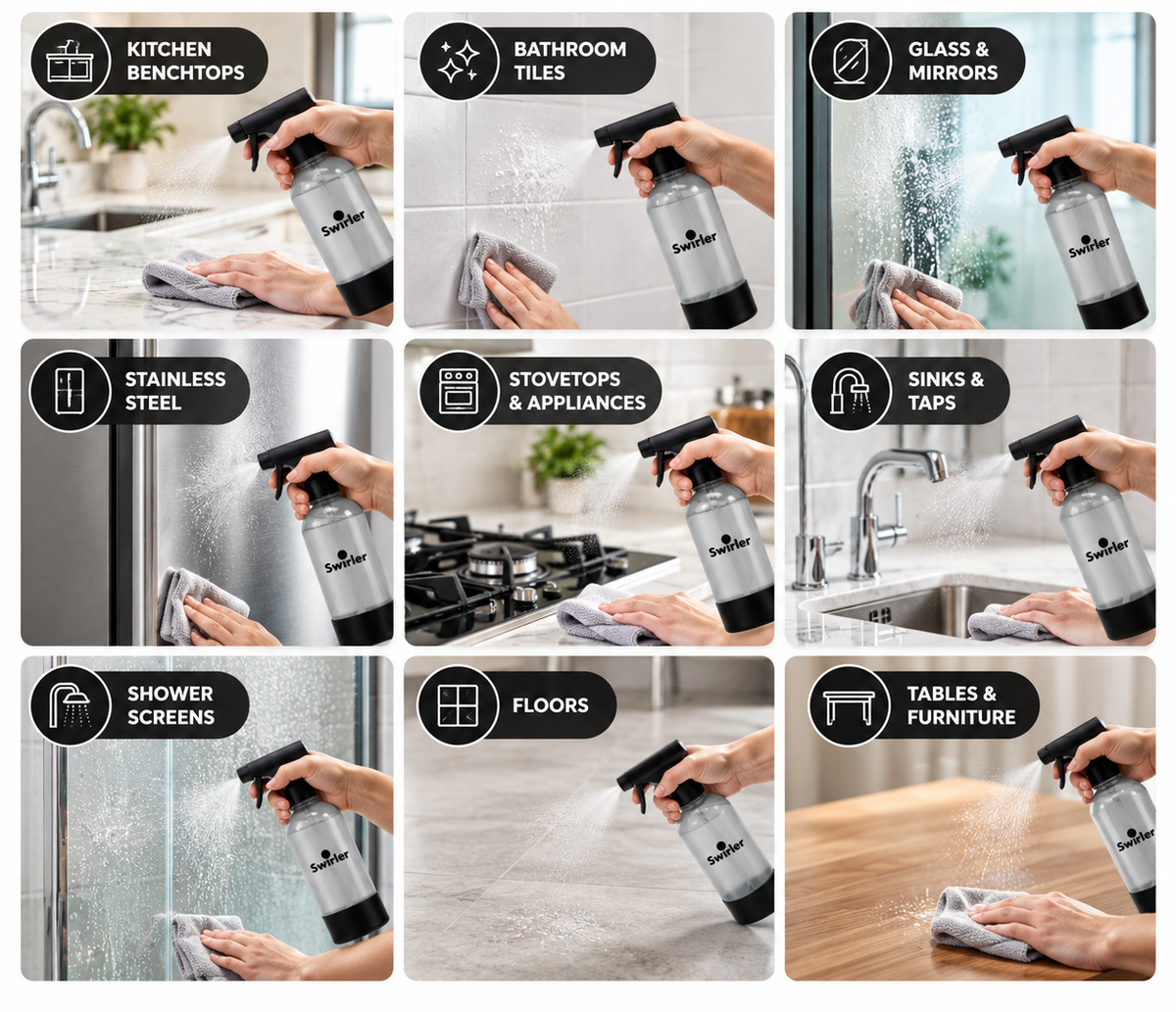 Swirler spray bottle used on nine surfaces: kitchen benchtops, bathroom tiles, glass and mirrors, stainless steel, stovetops and appliances, sinks and taps, shower screens, floors, and tables and furniture.