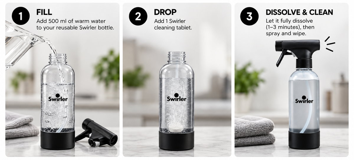 Three steps: 1. Fill. Add 500 ml of warm water to your reusable Swirler bottle. 2. Drop. Add 1 Swirler cleaning tablet. 3. Dissolve and clean. Let it fully dissolve (1-3 minutes), then spray and wipe.