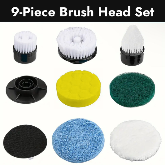 Swirler Scrub 9-piece replacement brush head set: flat, pointed, sponge, scouring, cloth and wool-like heads