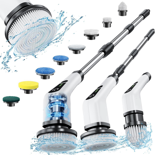 Swirler cordless electric spin scrubber with nine interchangeable brush heads, shown from three angles