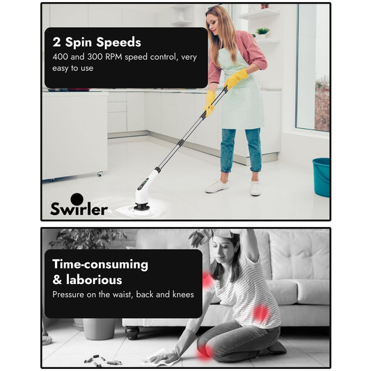 Swirler spin scrubber with two spin speeds, 400 and 300 RPM, cleaning a kitchen floor standing up, compared with scrubbing by hand on the knees